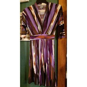 Rabbit Designs V Neck 3/4 Sleeve Dress Purple Tan Gray Size 4 Flare Womens